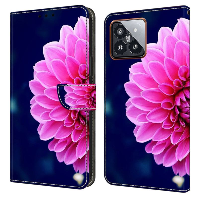 Læder Cover Xiaomi 14 Pro Lyserød Blomst På Blå Baggrund