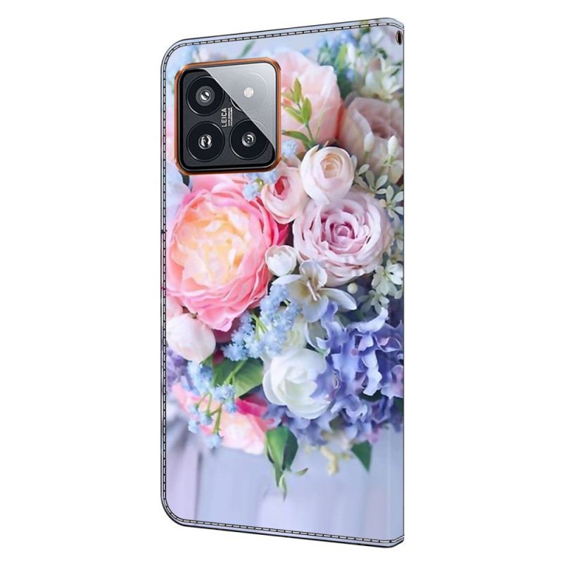 Læder Cover Xiaomi 14 Pro Telefon Etui Farverige Blomster