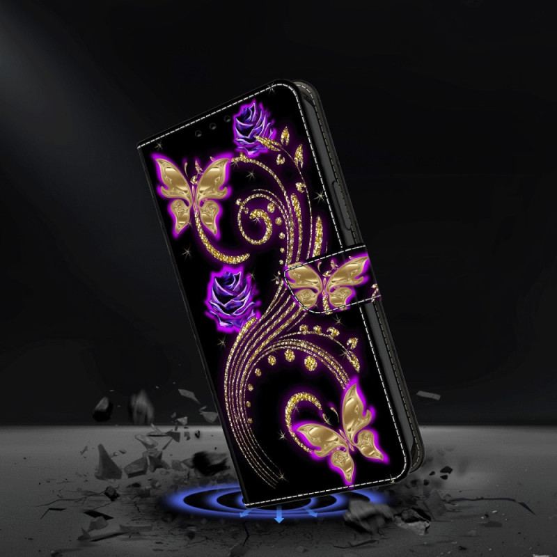 Læder Cover Xiaomi 14 Pro Violette Blomster Og Sommerfugle