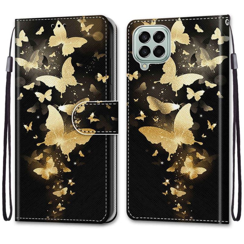 Flip Cover Samsung Galaxy M53 5G Med Snor Guld Sommerfugle Med Rem