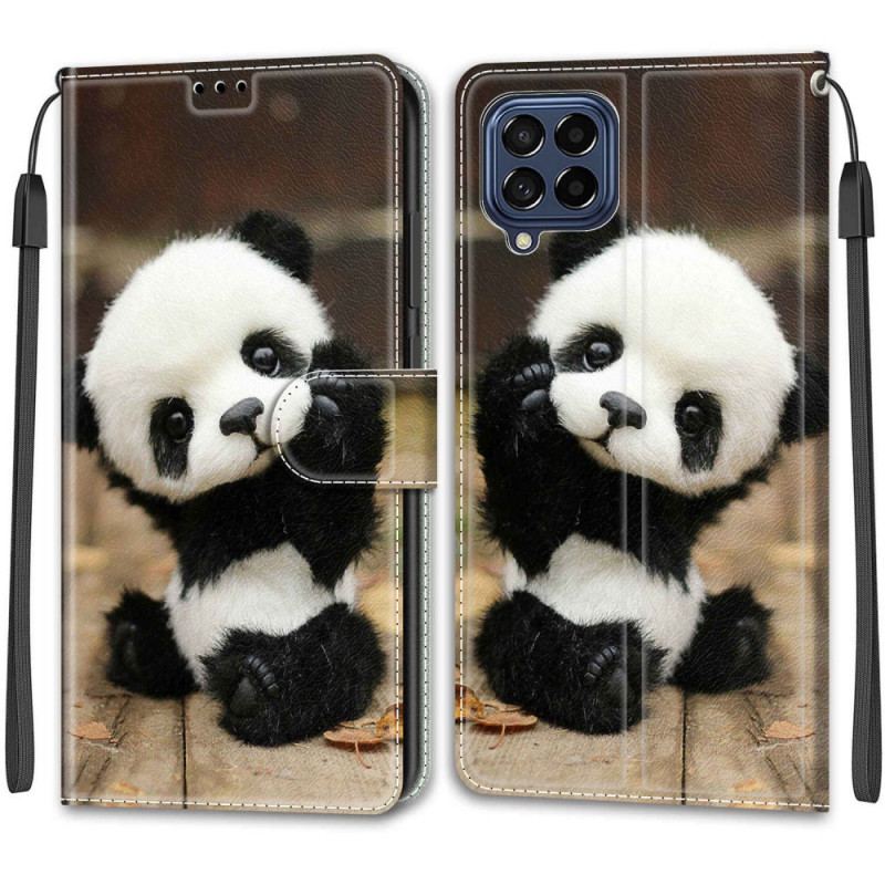 Læder Cover Samsung Galaxy M53 5G Med Snor Lille Panda Med Rem