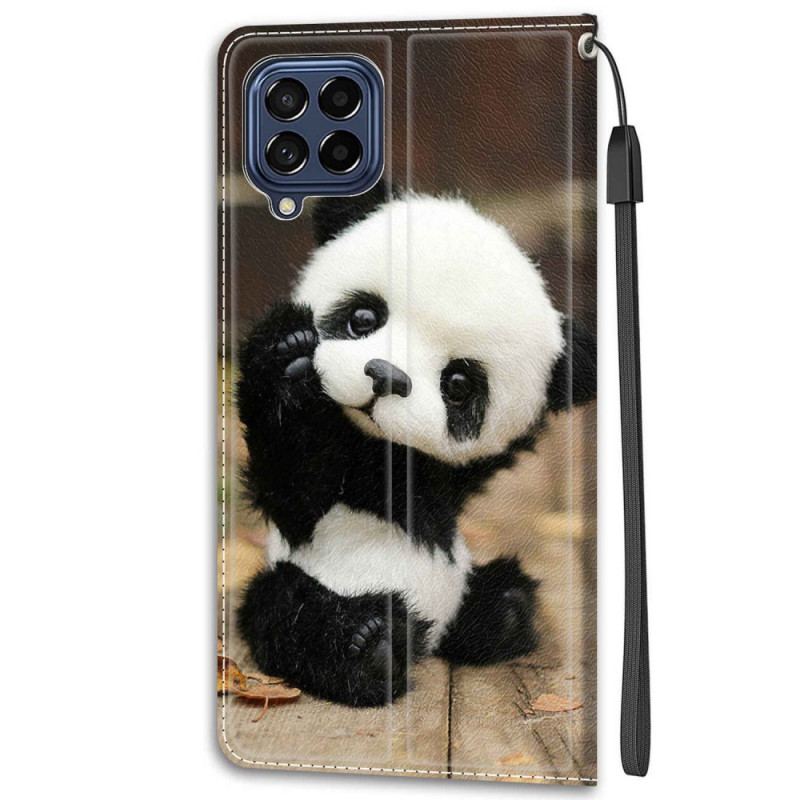 Læder Cover Samsung Galaxy M53 5G Med Snor Lille Panda Med Rem