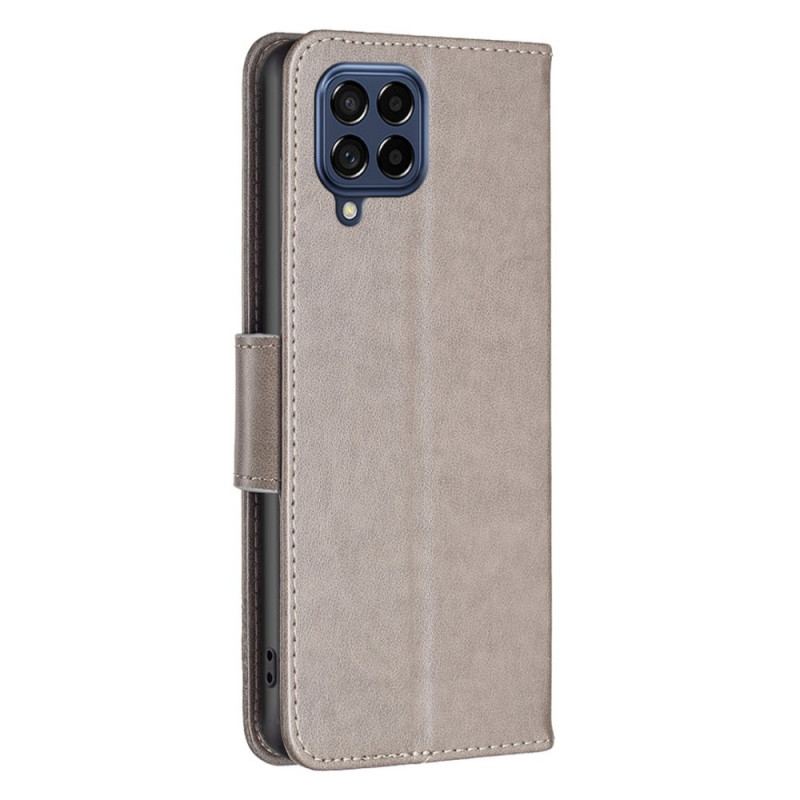 Læder Cover Samsung Galaxy M53 5G Med Snor Sommerfugle Trykt Strappy