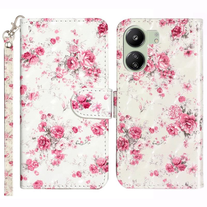 Flip Cover Poco C65 Lyserøde Blomster Med Rem