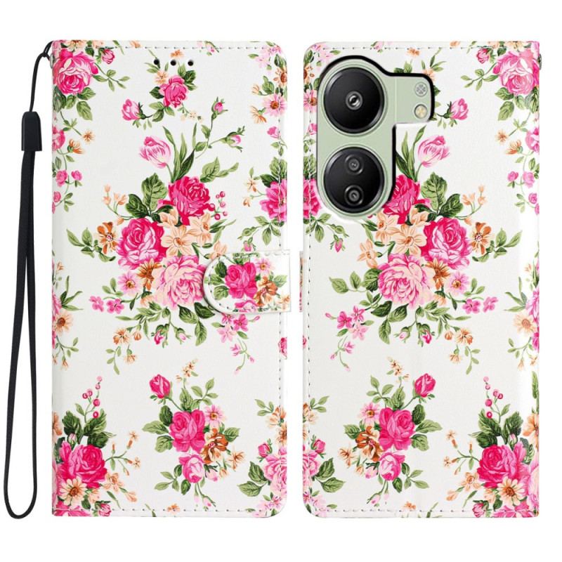 Flip Cover Poco C65 Røde Blomster Med Rem