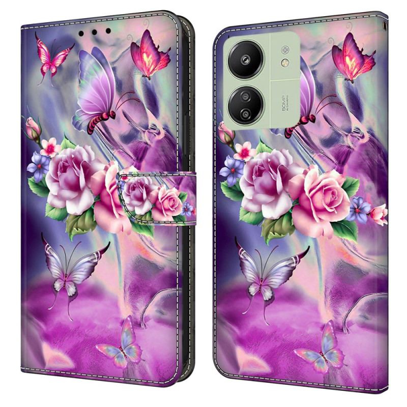 Flip Cover Til Poco C65 Sommerfugle Og Violette Blomster