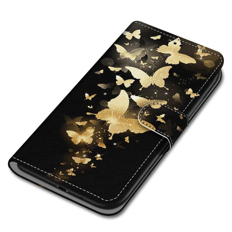 Flip Cover Xiaomi Redmi Note 11 Pro Plus 5G Med Snor Guld Sommerfugle Med Rem