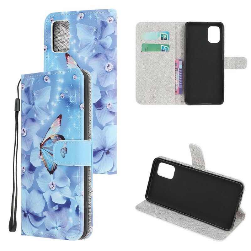 Flip Cover Samsung Galaxy A41 Med Snor Strappy Diamond Sommerfugle