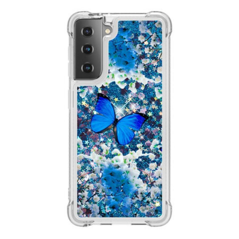 Cover Samsung Galaxy S21 5G Glitter Blå Sommerfugle