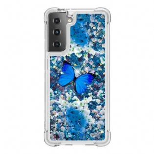 Cover Samsung Galaxy S21 5G Glitter Blå Sommerfugle