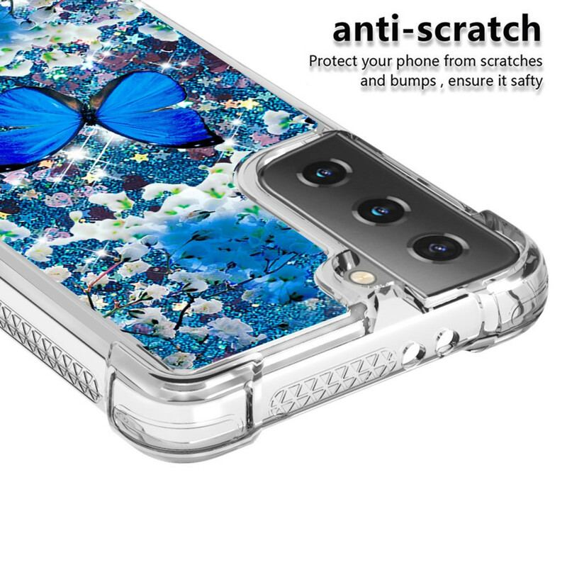 Cover Samsung Galaxy S21 5G Glitter Blå Sommerfugle