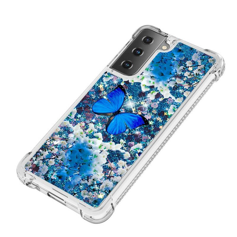 Cover Samsung Galaxy S21 5G Glitter Blå Sommerfugle