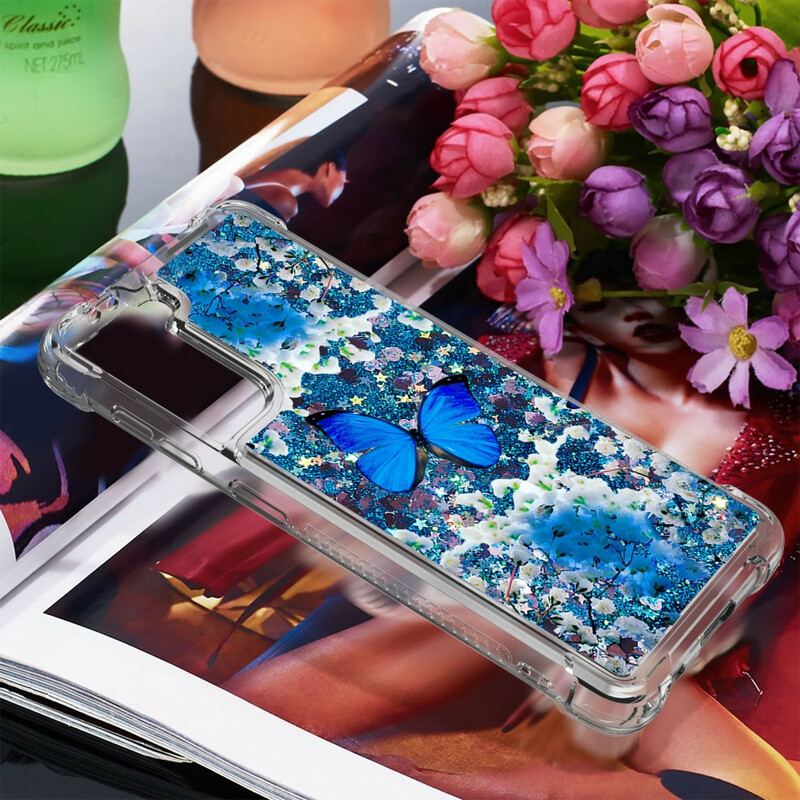 Cover Samsung Galaxy S21 5G Glitter Blå Sommerfugle