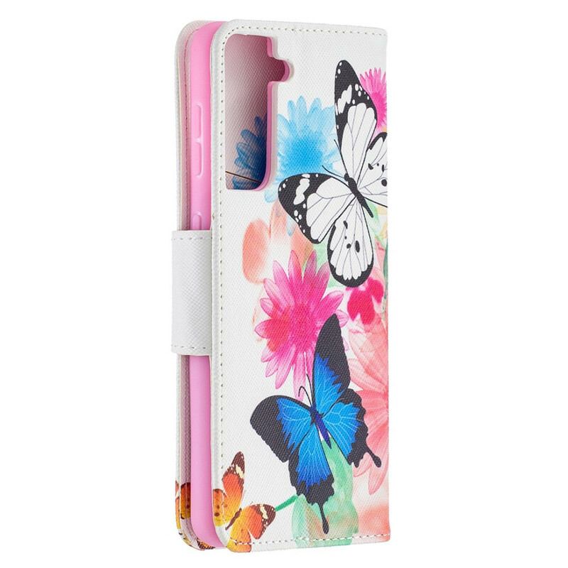 Flip Cover Samsung Galaxy S21 5G Malede Sommerfugle Og Blomster