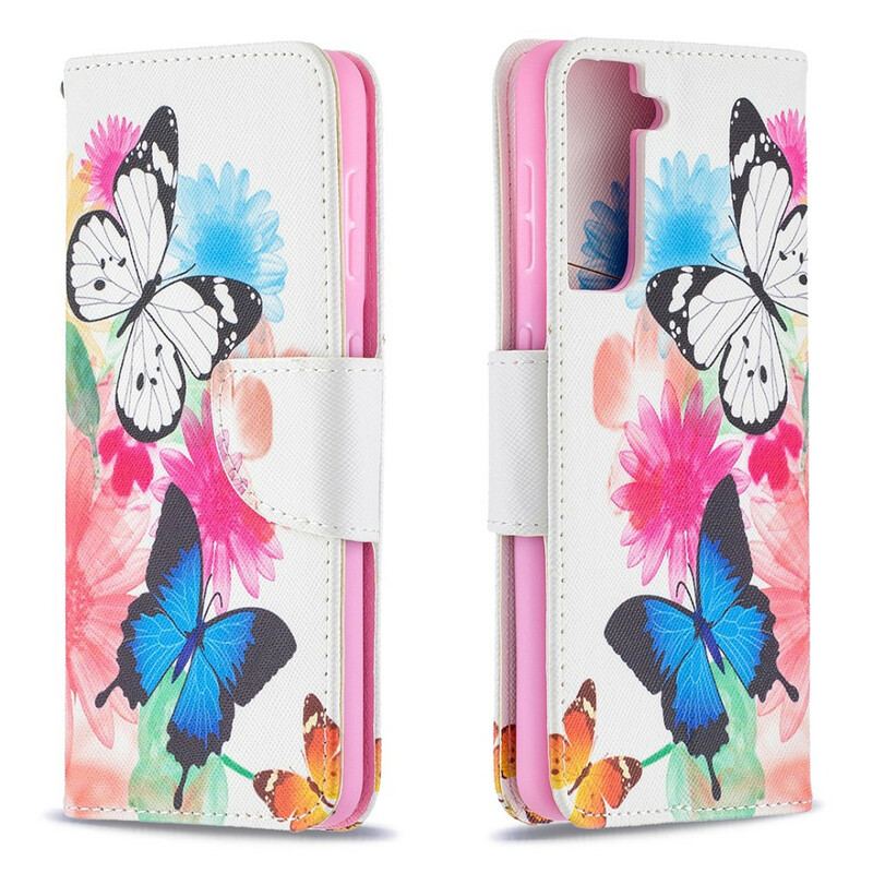 Flip Cover Samsung Galaxy S21 5G Malede Sommerfugle Og Blomster