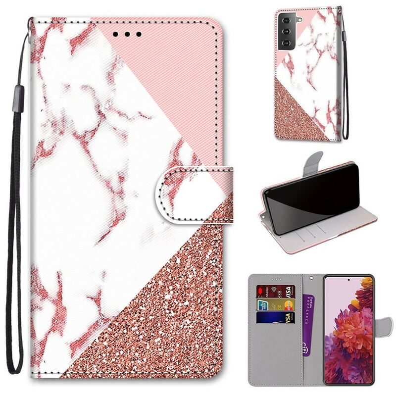 Flip Cover Samsung Galaxy S21 5G Marmor Og Glitter Trekant