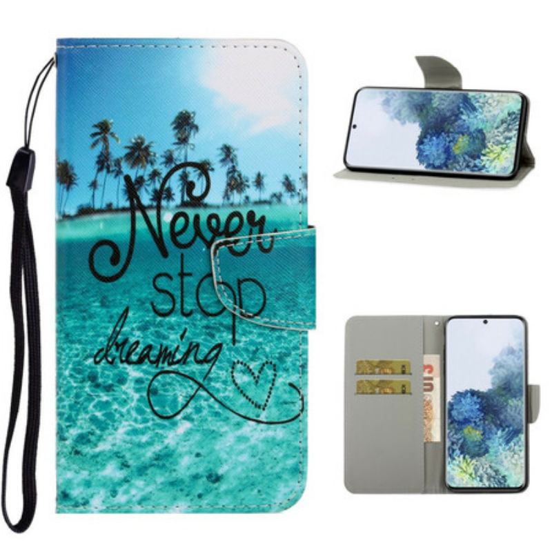 Flip Cover Samsung Galaxy S21 5G Med Snor Stop Aldrig Med At Drømme Navy Strappy