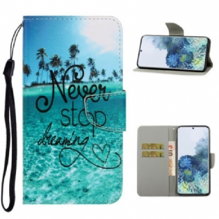 Flip Cover Samsung Galaxy S21 5G Med Snor Stop Aldrig Med At Drømme Navy Strappy