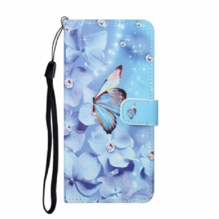 Flip Cover Samsung Galaxy S21 5G Med Snor Strappy Diamond Sommerfugle