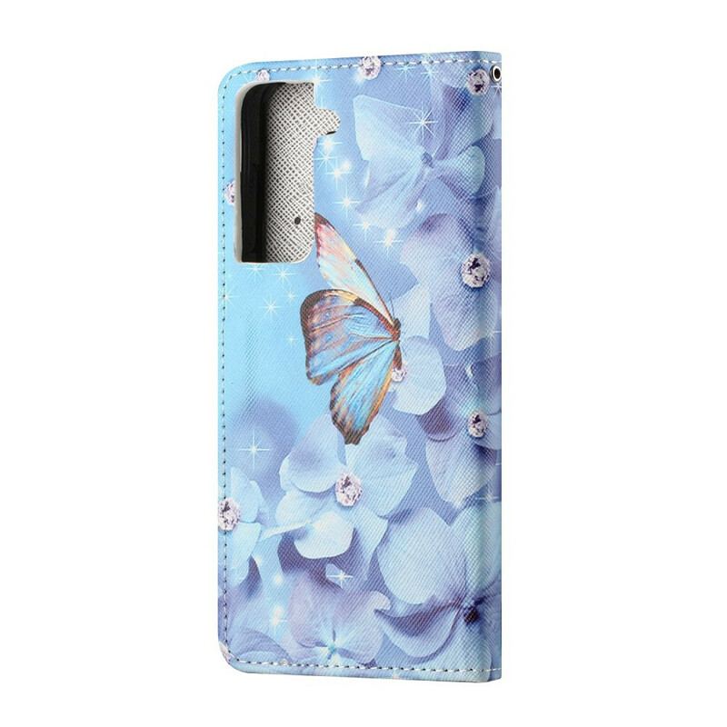 Flip Cover Samsung Galaxy S21 5G Med Snor Strappy Diamond Sommerfugle