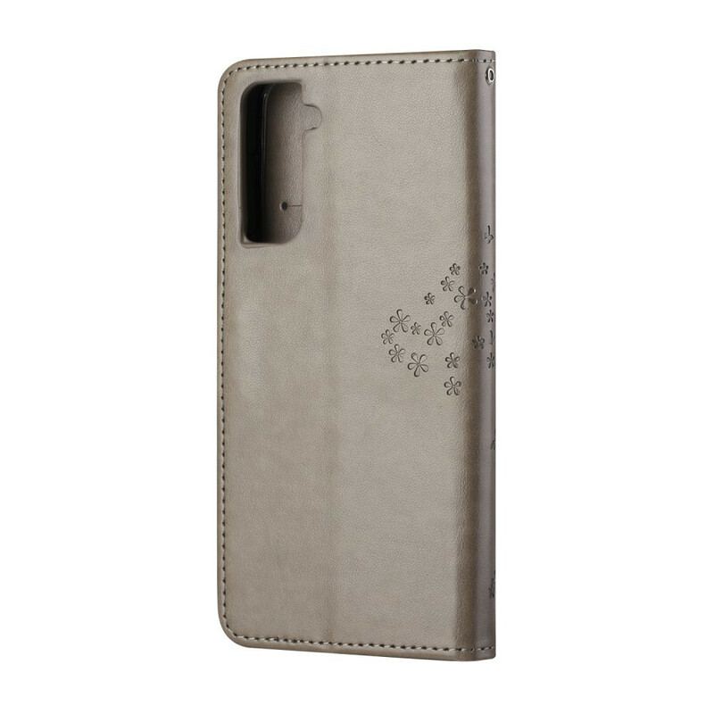 Flip Cover Samsung Galaxy S21 5G Med Snor Thong Træ Og Ugler