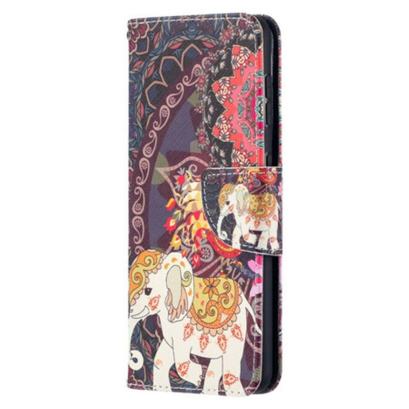 Læder Cover Samsung Galaxy S21 5G Mandala Med Etniske Elefanter