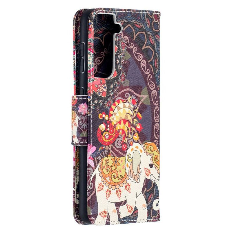 Læder Cover Samsung Galaxy S21 5G Mandala Med Etniske Elefanter