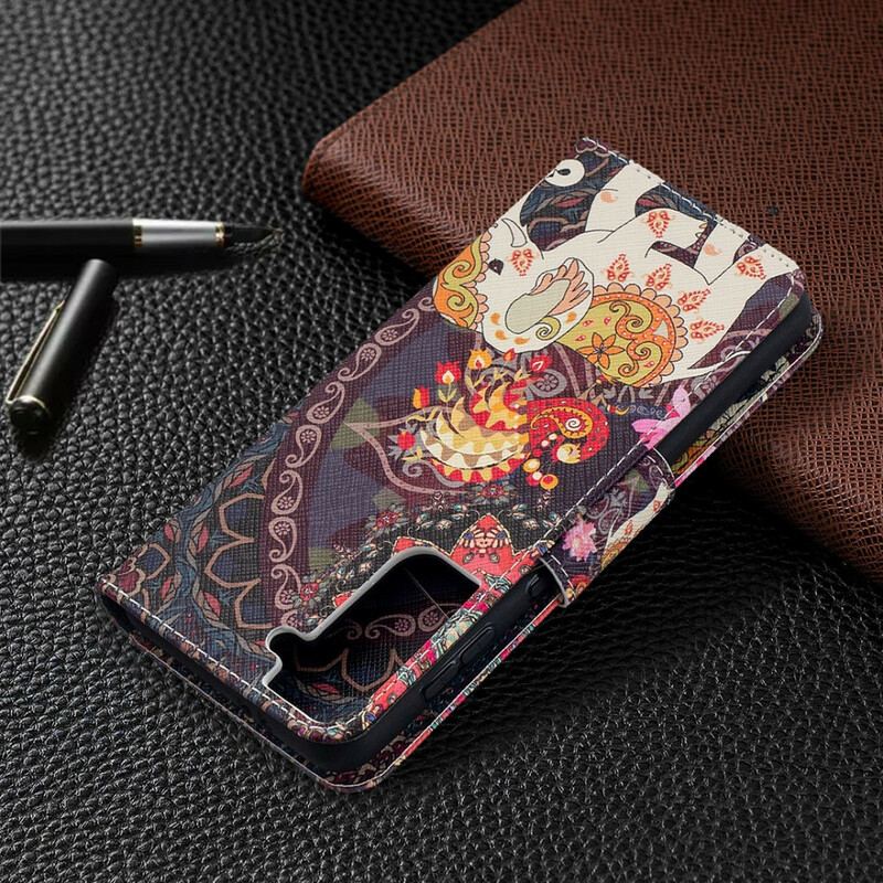 Læder Cover Samsung Galaxy S21 5G Mandala Med Etniske Elefanter