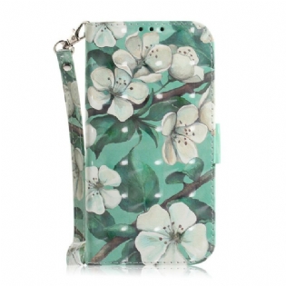 Læder Cover Samsung Galaxy S21 5G Med Snor Blomstrende Gren Med Rem