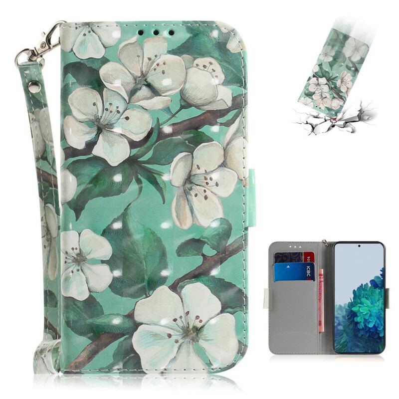 Læder Cover Samsung Galaxy S21 5G Med Snor Blomstrende Gren Med Rem