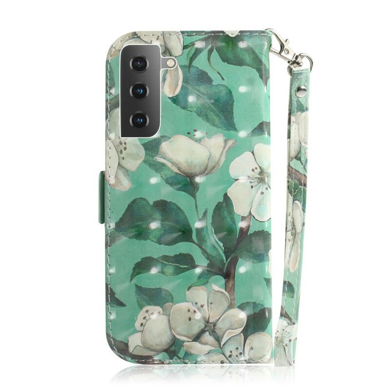 Læder Cover Samsung Galaxy S21 5G Med Snor Blomstrende Gren Med Rem