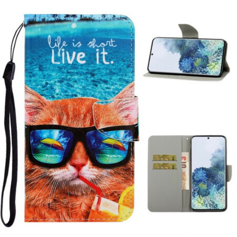 Læder Cover Samsung Galaxy S21 5G Med Snor Cat Live It Strappy