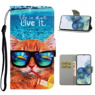 Læder Cover Samsung Galaxy S21 5G Med Snor Cat Live It Strappy