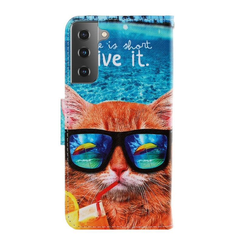 Læder Cover Samsung Galaxy S21 5G Med Snor Cat Live It Strappy