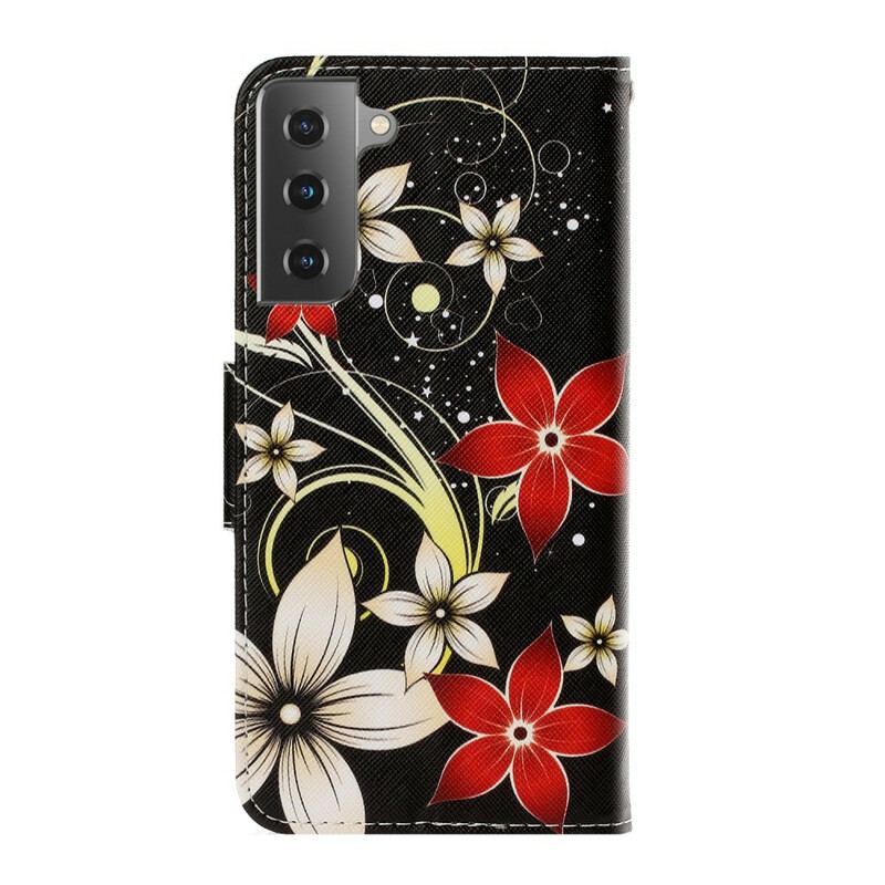 Læder Cover Samsung Galaxy S21 5G Med Snor Farverige Strappy Blomster