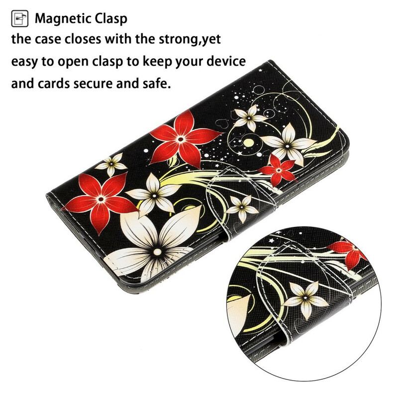 Læder Cover Samsung Galaxy S21 5G Med Snor Farverige Strappy Blomster