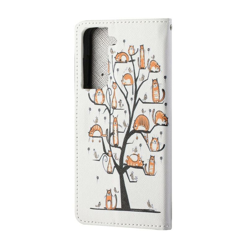 Læder Cover Samsung Galaxy S21 5G Med Snor Funky Cats Med Rem