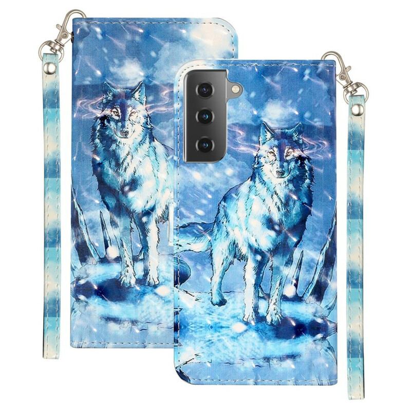 Læder Cover Samsung Galaxy S21 5G Med Snor Wolf Light Spotlights Med Rem