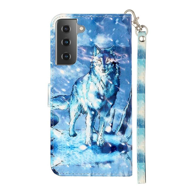 Læder Cover Samsung Galaxy S21 5G Med Snor Wolf Light Spotlights Med Rem