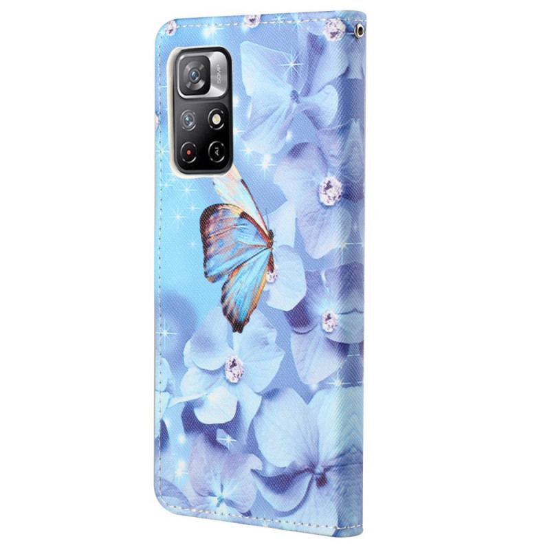 Flip Cover Poco M4 Pro 5G Med Snor Strappy Diamond Sommerfugle