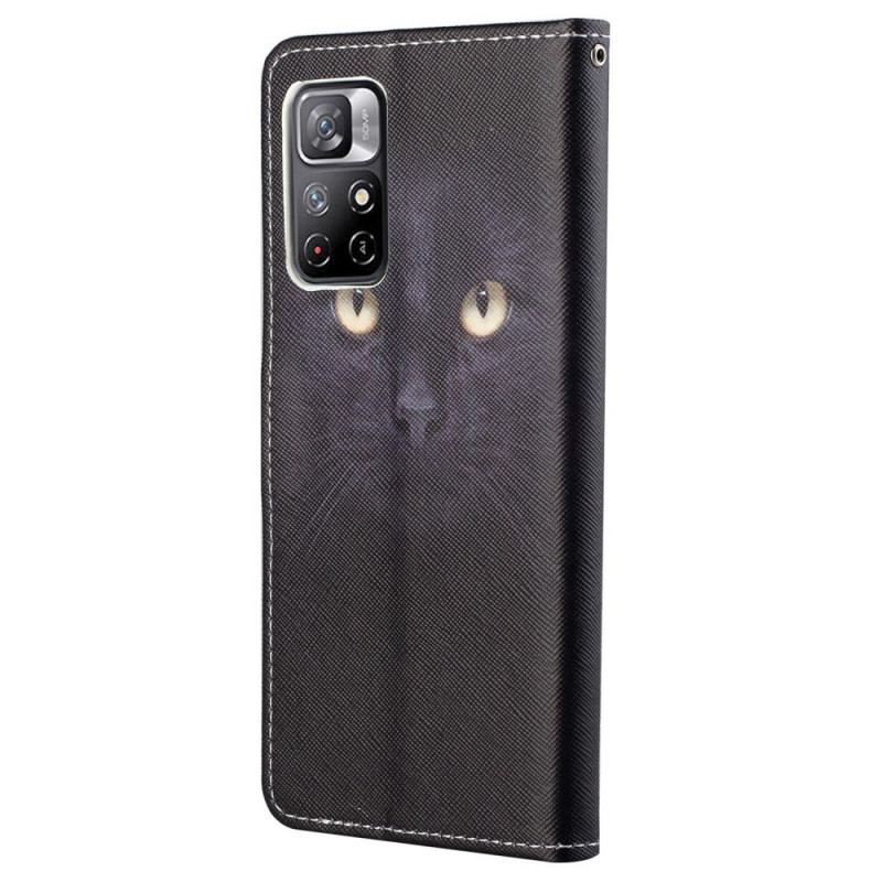 Læder Cover Poco M4 Pro 5G Med Snor Strappy Black Cat Eyes