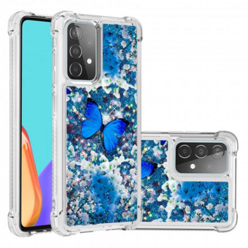 Cover Samsung Galaxy A52 4G / A52 5G / A52s 5G Glitter Blå Sommerfugle