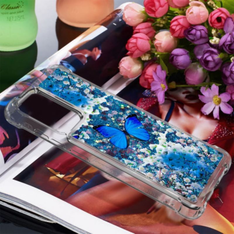 Cover Samsung Galaxy A52 4G / A52 5G / A52s 5G Glitter Blå Sommerfugle