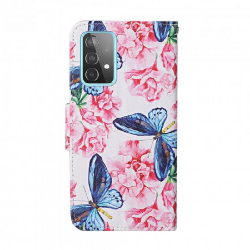 Læder Cover Samsung Galaxy A52 4G / A52 5G / A52s 5G Butterflies Floral Lanyard