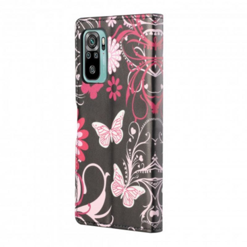 Flip Cover Xiaomi Redmi 10 Med Snor Sommerfugle Og Blomsterrem