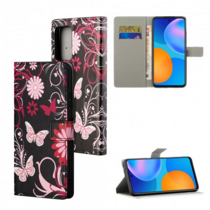 Flip Cover Xiaomi Redmi 10 Med Snor Sommerfugle Og Blomsterrem