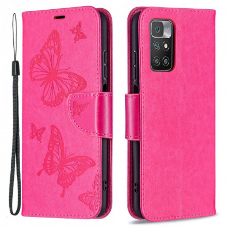 Flip Cover Xiaomi Redmi 10 Med Snor Sommerfugle Trykt Strappy