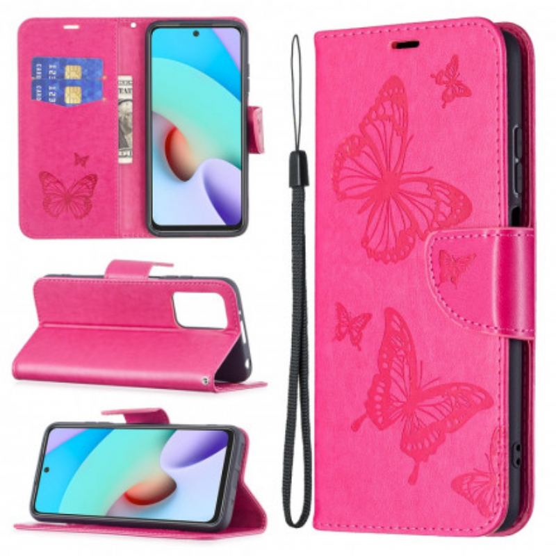 Flip Cover Xiaomi Redmi 10 Med Snor Sommerfugle Trykt Strappy