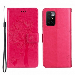 Flip Cover Xiaomi Redmi 10 Med Snor Træ Og Strappy Kat