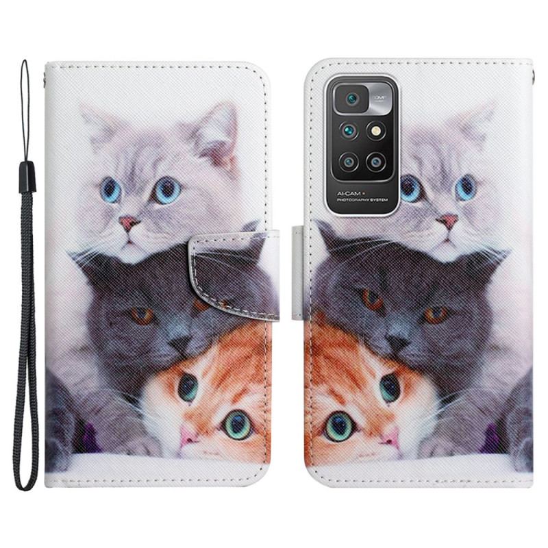 Læder Cover Xiaomi Redmi 10 Bunke Af Lanyard Cats